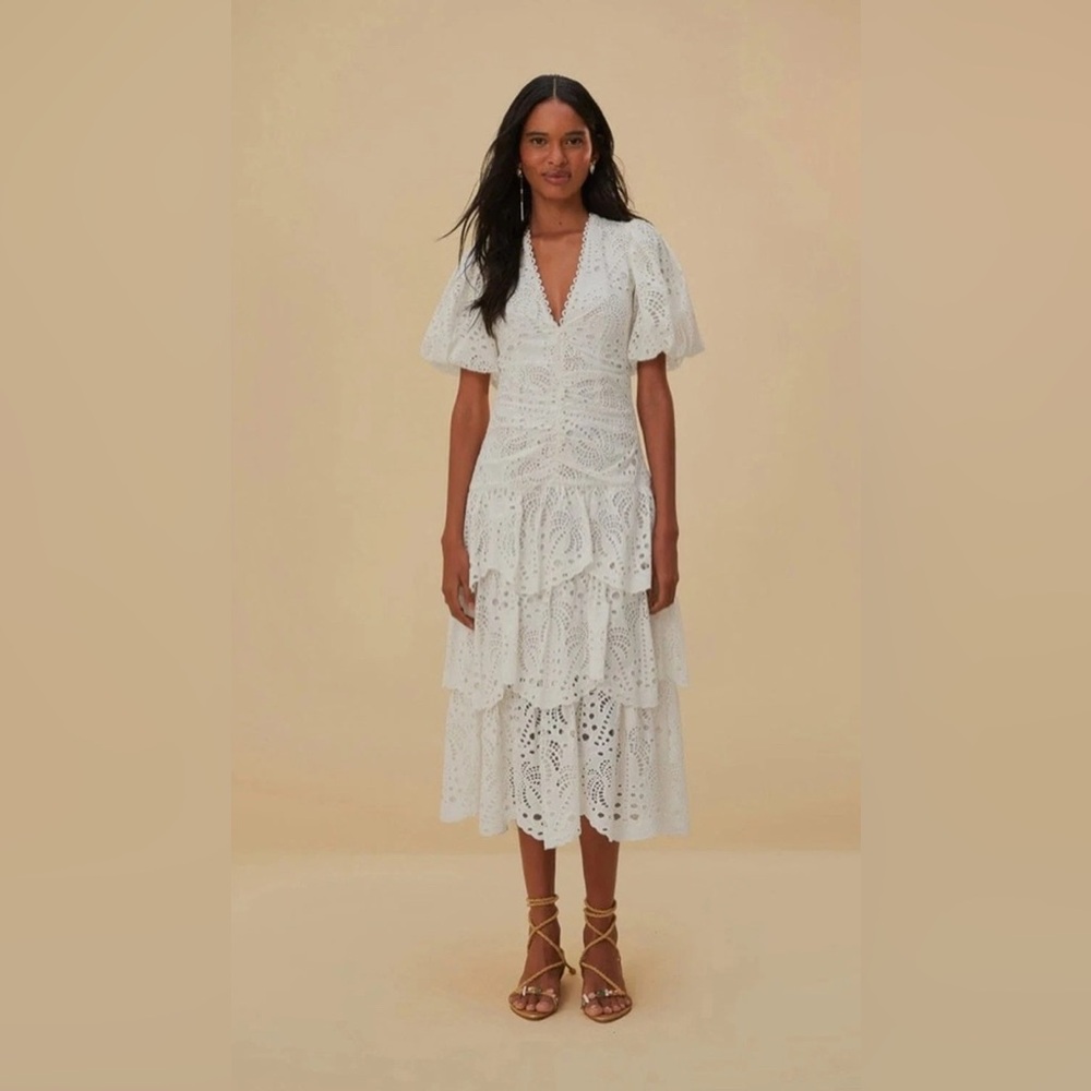 NWT Farm Rio White Cotton Midi Eyelet Dress Puffed Sleeve MED